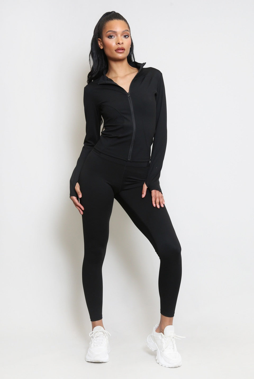 Black Zip Long Sleeve Top And Legging Energy Gym Set - Sadie