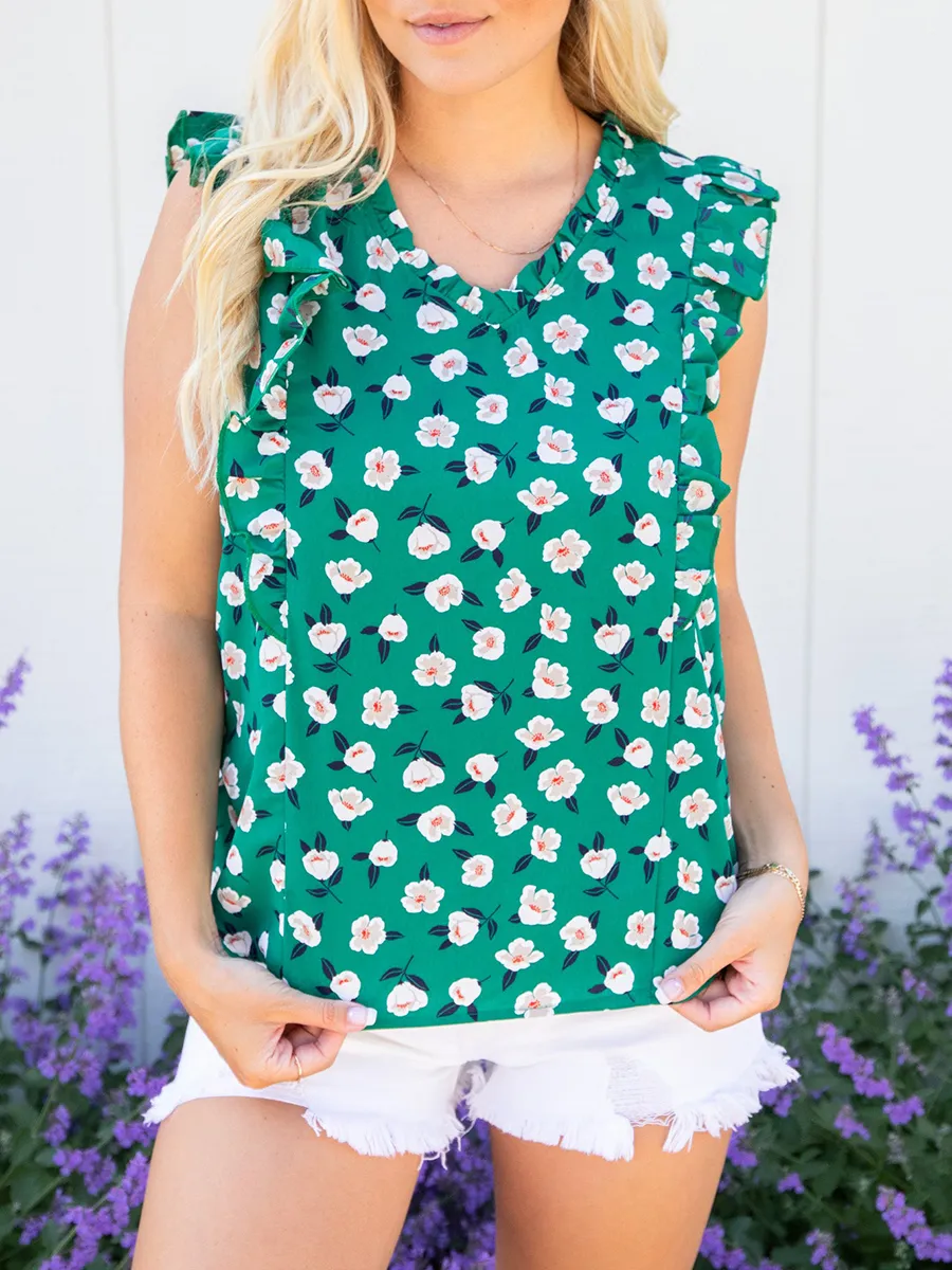 Green floral ruffled short sleeved shirt