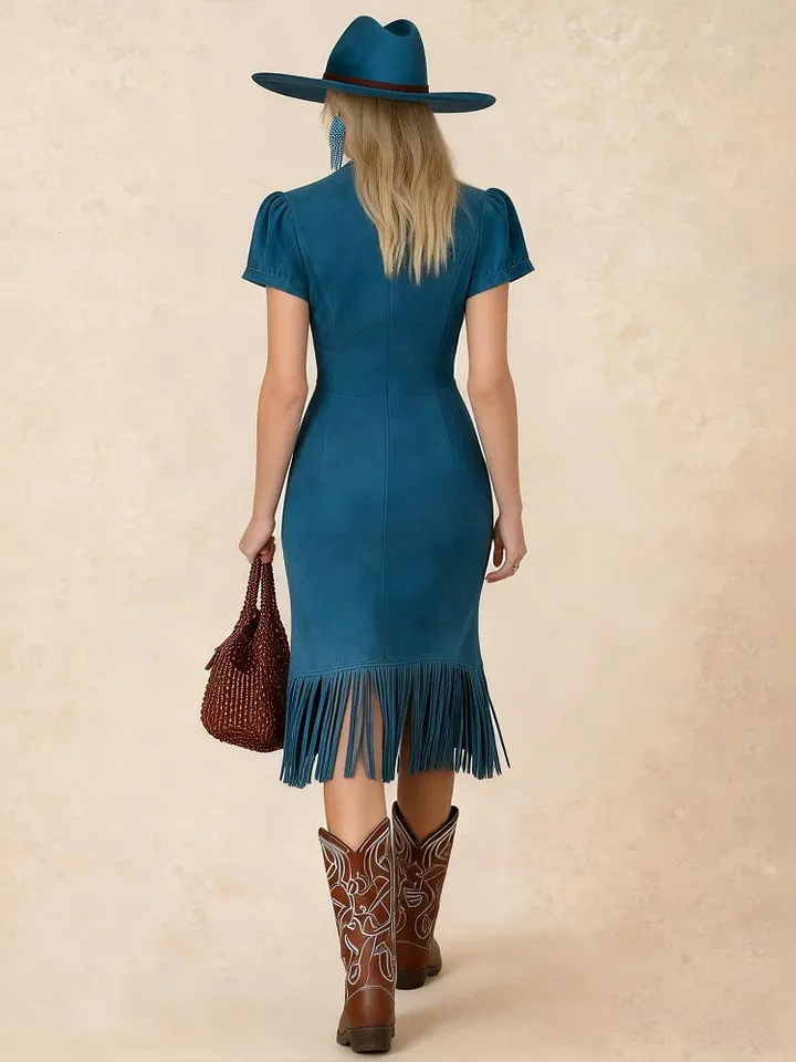 Blue Suede Puff Sleeve V-Neck Tassel Midi Dress