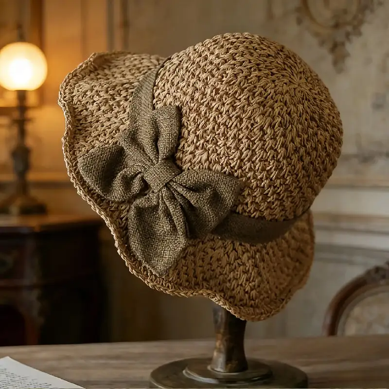 Women's Foldable Wide-Brim Straw Sun Hat – Hand-Knitted Cotton-Linen Blend with Bow Detail (Summer Style)