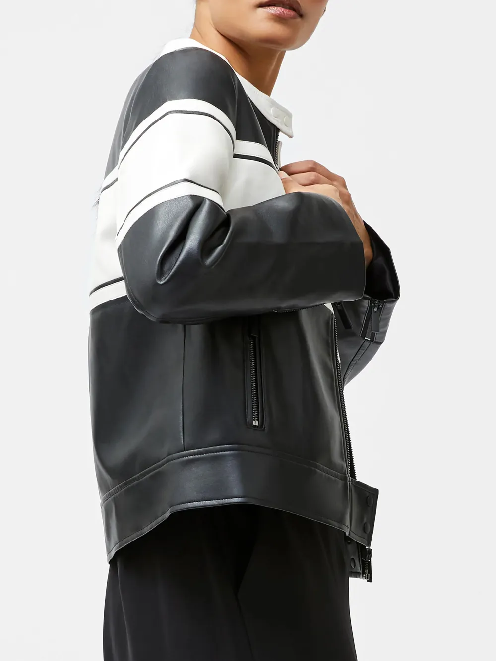 Creative Black And White Color Matching Fashionable Leather Jacket