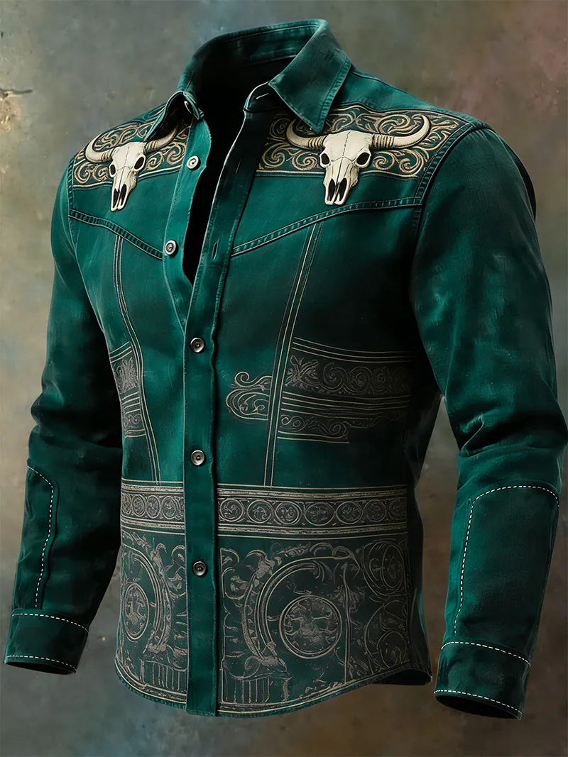 Men's Vintage Western Double Bull Skull Embroidered Long Sleeve Shirt