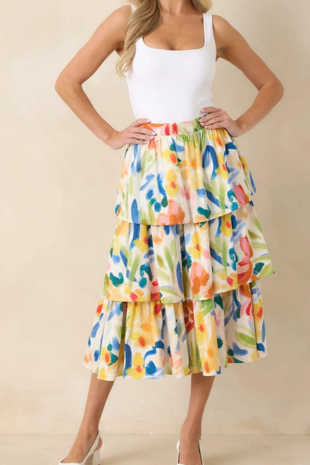 Multi Cotton Abstract Floral Print Tiered Midi Skirt