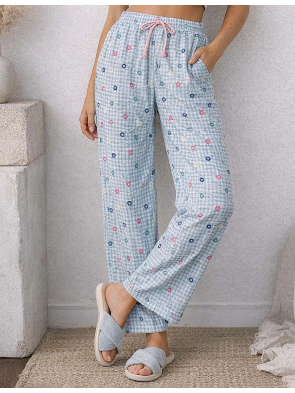 Polka Dot Checked Loungewear Wide Leg Pants