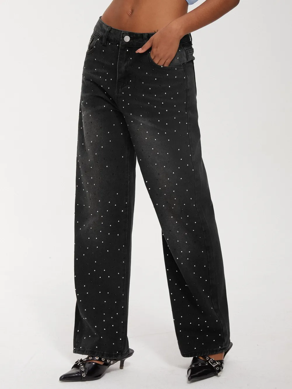 Rhinestone Denim Plain Wide Leg Pants Jeans