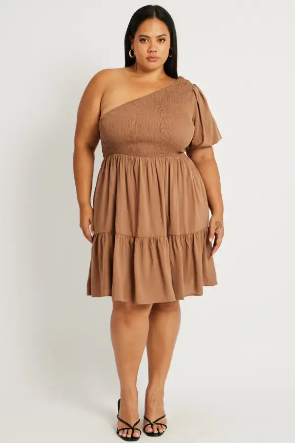 Brown One Shoulder Dress Shirred Bodice Pockets