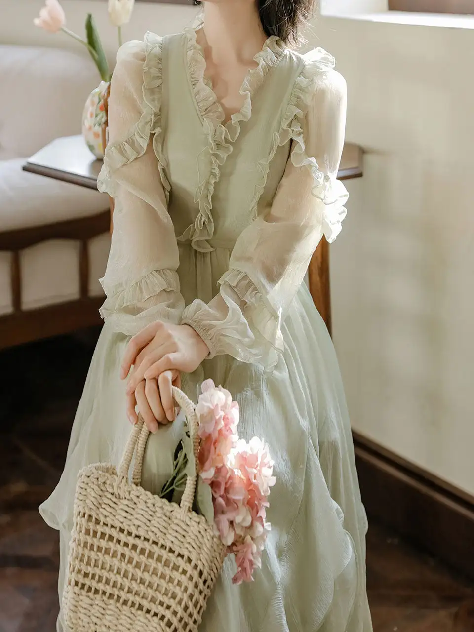 Ruffled Romantic V Neck Long Dress