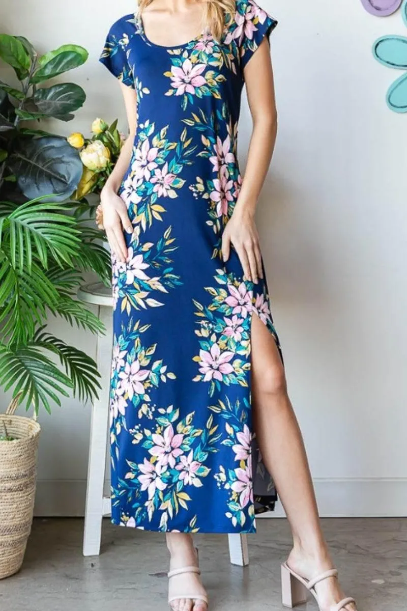 Floral Short Sleeve Slit Casual Dress