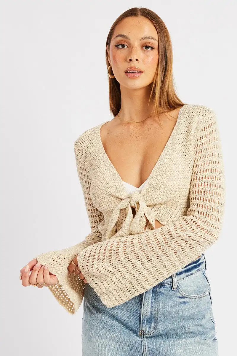 Beige Crochet Cardigan Long Sleeve Tie Front Knit