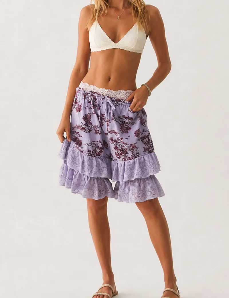 Lace Lettuce Trim Wide Leg Shorts