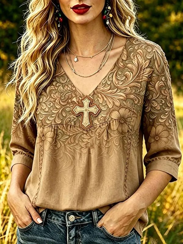 Women'S Vintage Western-Style Floral Faith Print Top