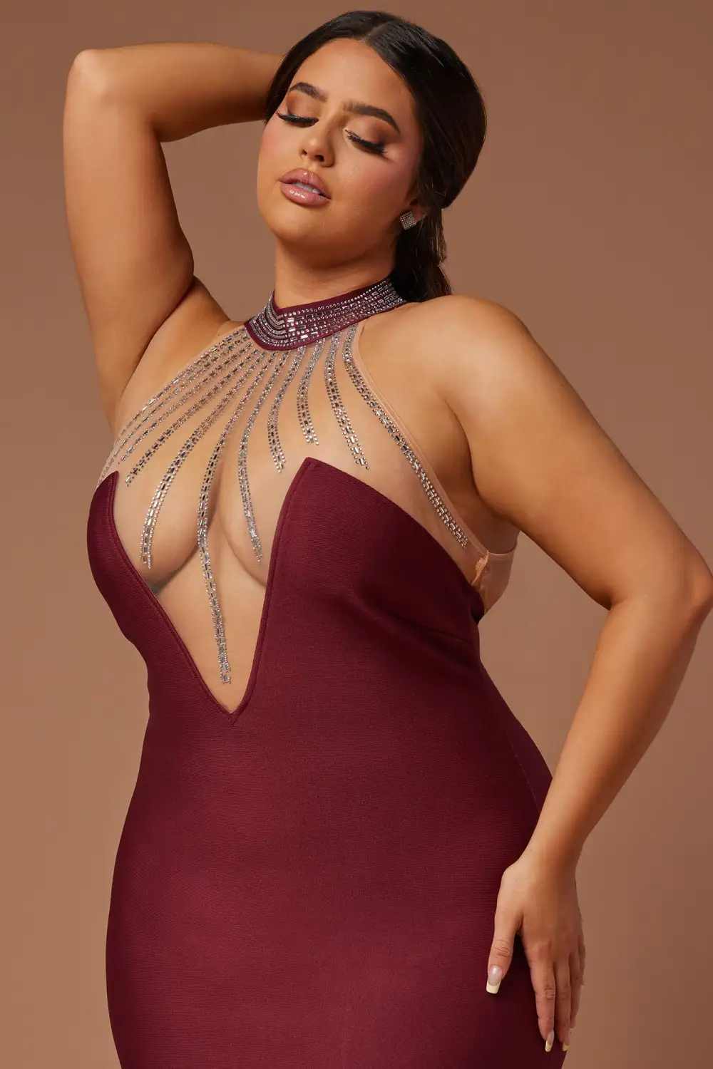 Lina Embellished Bandage Midi Dress - Burgundy