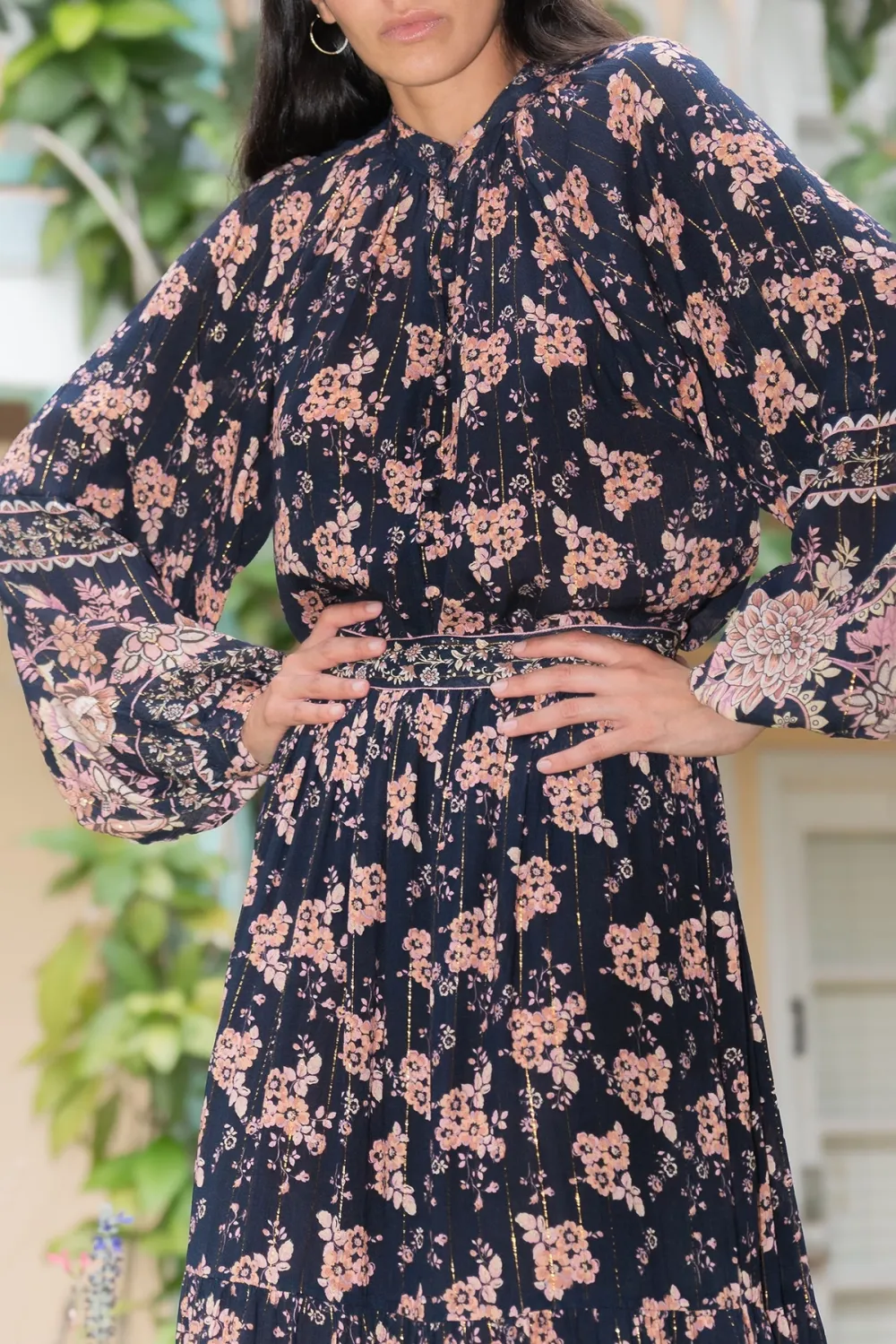 Navy Floral Print Long Sleeve Crop Top