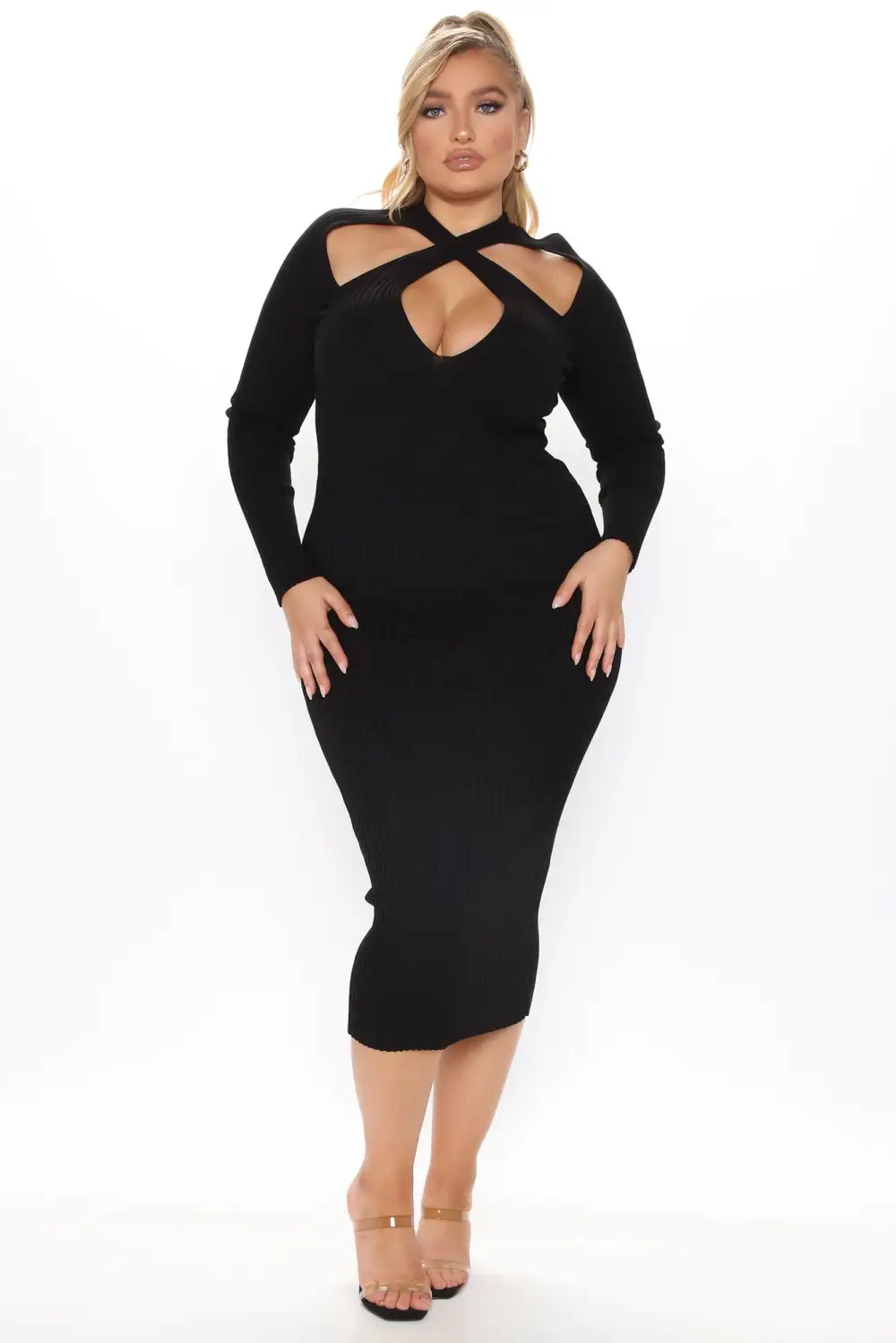 Caught Looking Sweater Midi Dress - Black