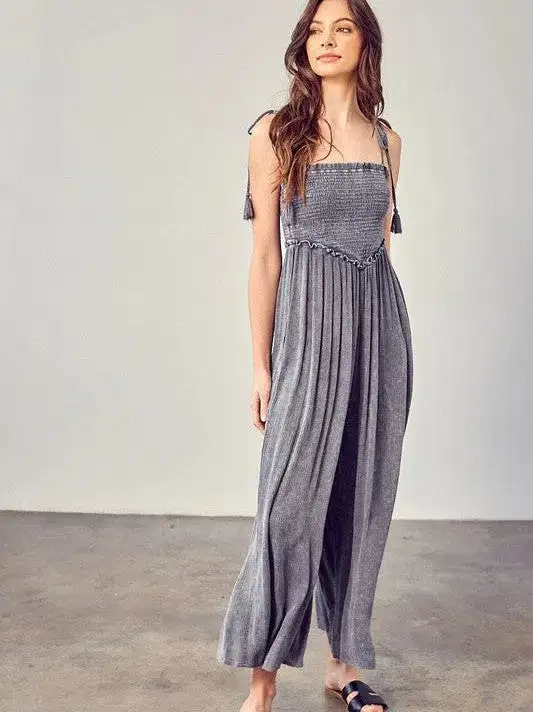 Slay with Sweetness Front Smocked Wide Leg Jumpsuit with Tie Straps