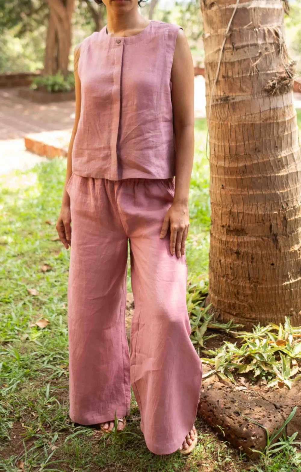 Dusty Pink Linen Matching Set with Sleeveless Shirt & Oversized Pants