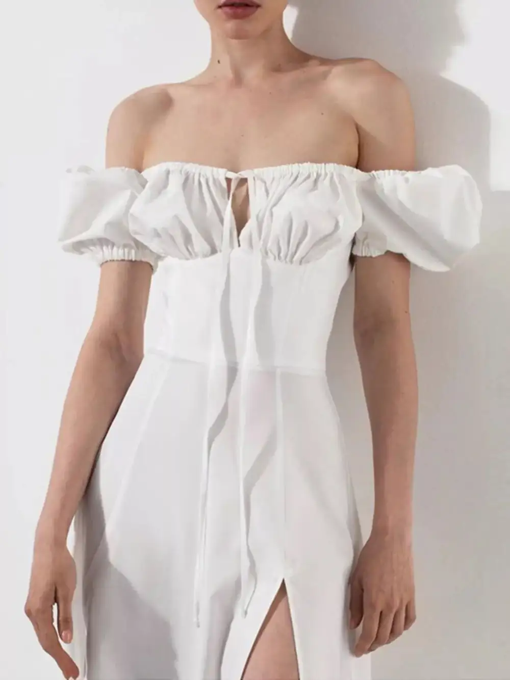 Slit Puff Sleeve Midi Dress
