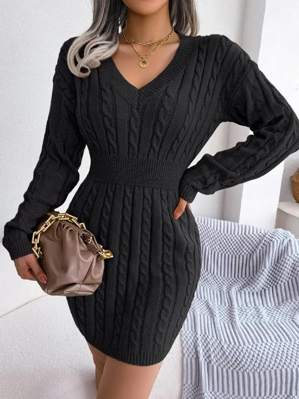 V Neck Cable Knit Sweater Dress