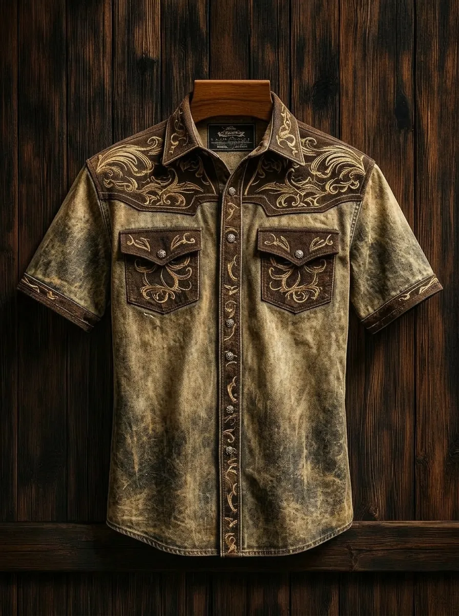 Men's Western Cowboy Floral Embroidery Printed Shirt