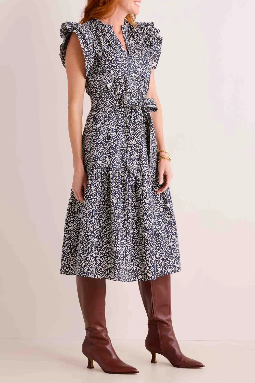 Navy Floral Print V-Neck Tie-Waist Dress