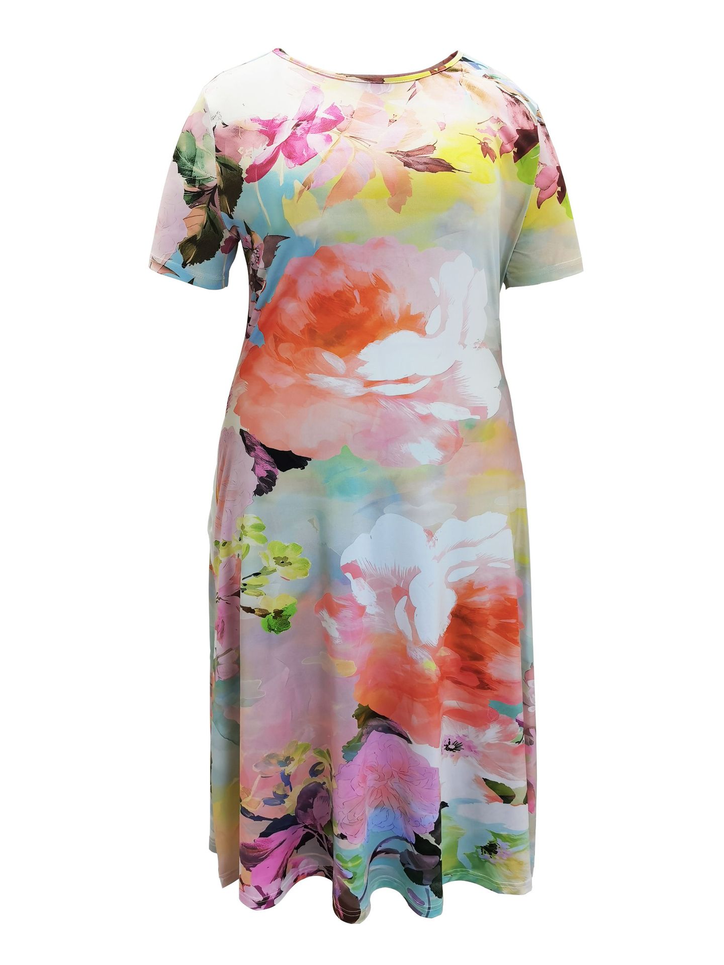 Plus Size Women Stylish Flower Print Short-Sleeved Dress