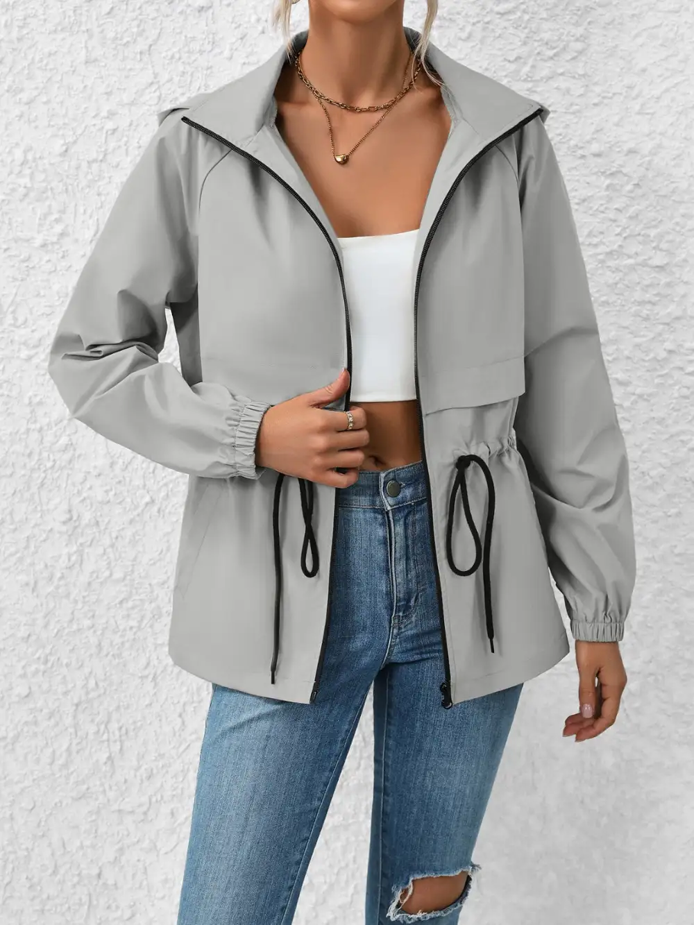 Drawstring Zip-up Hooded Jacket
