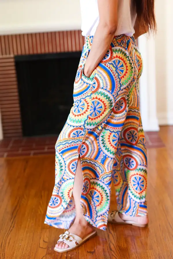 Mandala Smocked Waist Side Slit Palazzo Pants
