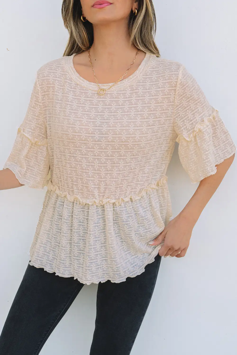 Ruffled Textured Short Sleeve Blouse