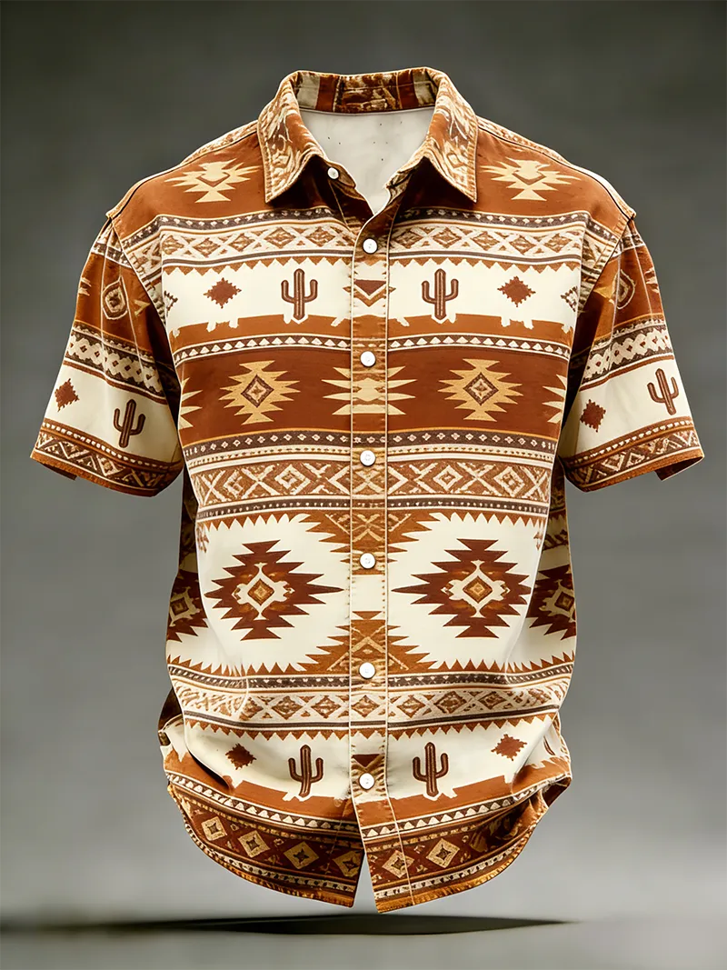Men's Retro Cactus & Tribal Aztec Striped Short Sleeve Shirt