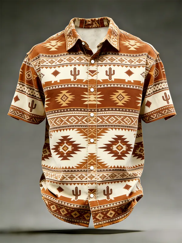Men's Retro Cactus & Tribal Aztec Striped Short Sleeve Shirt
