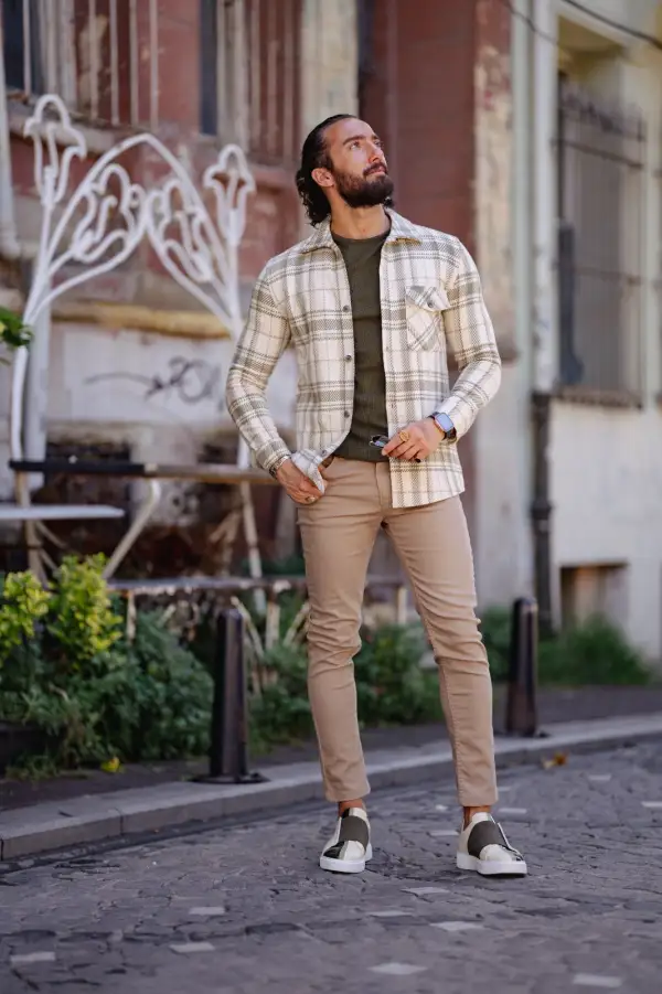 Bojoni Matera Slim Fit Cream  Striped Lumberjack Shirt