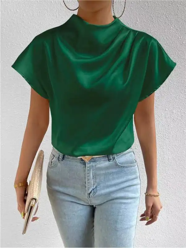 Relaxed Short Sleeve Pleat Detail Mock Neck T-Shirt