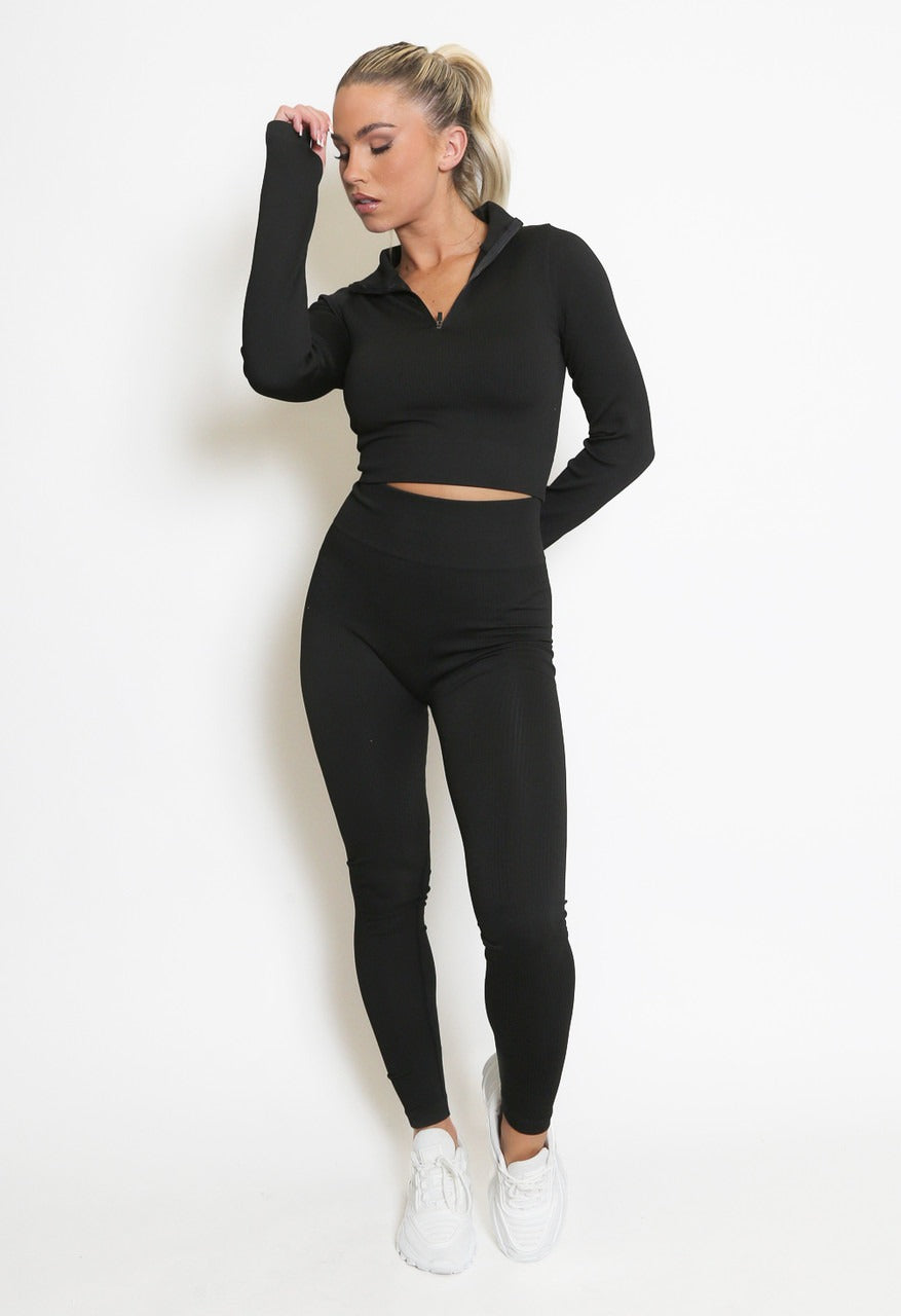 Ribbed Zip Top & Leggings Gym Set - Ruby