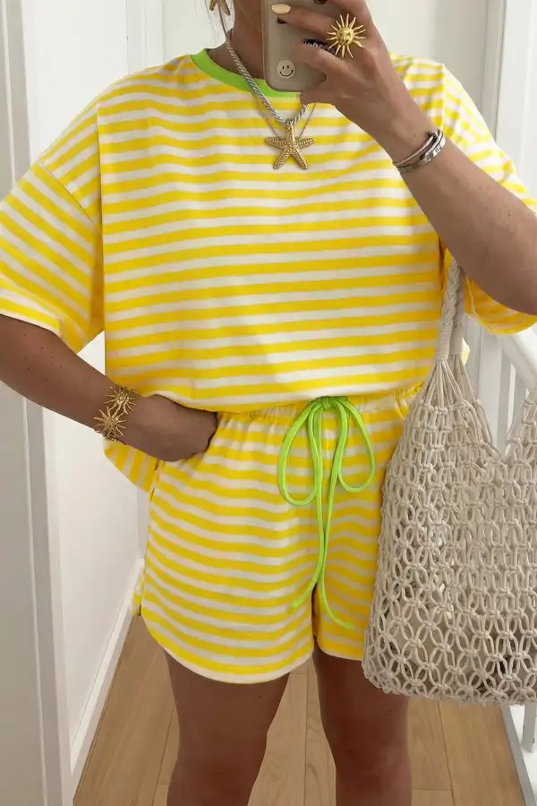 Ruffled Striped Contrast Neck Relaxed Two Piece Set