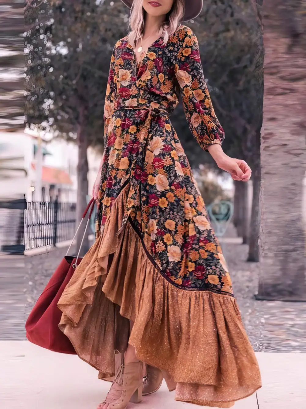 Retro Long Sleeve Printed Long Dress