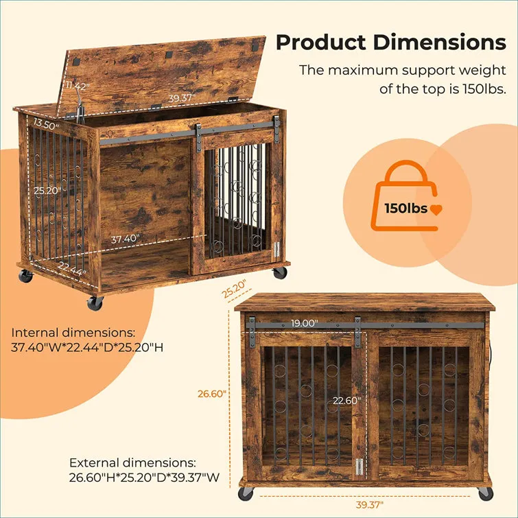 Dog Crate Furniture With Divider For 2 Small To Medium Pets, Wooden Cage End Table, Heavy Duty Indoor Puppy Kennel With Removable Divider And Sliding Door, 39.37'w*25.2'd*28.94'h