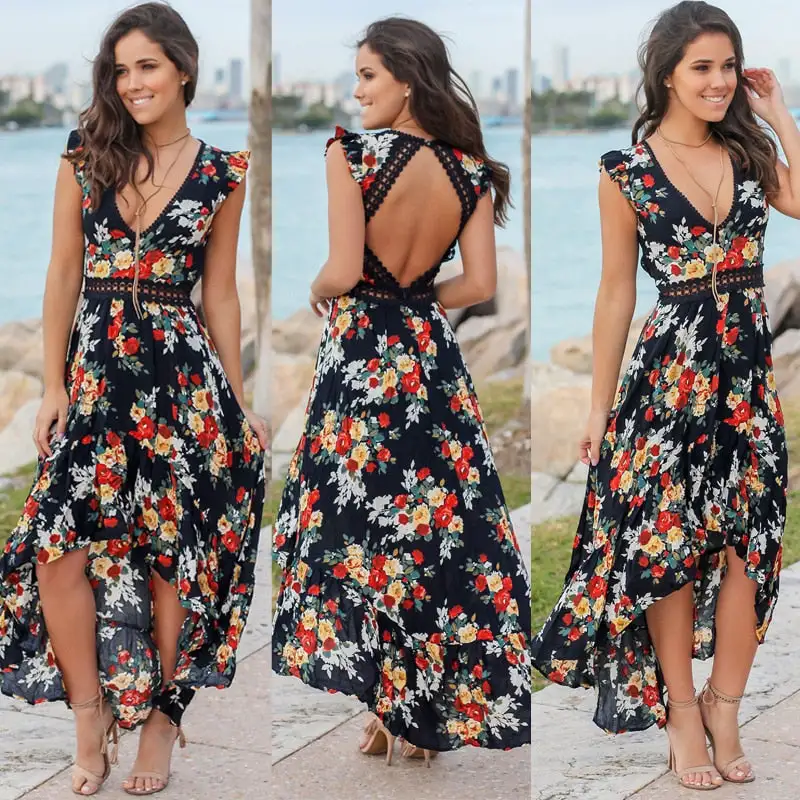 Bohemian Blossom Floral Open Back Boho Maxi Dress