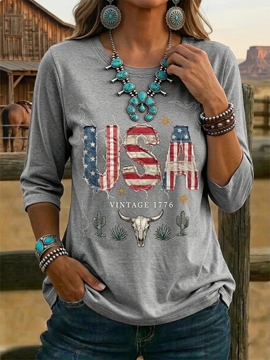 Women's Vintage USA Print Casual Half-sleeve Top