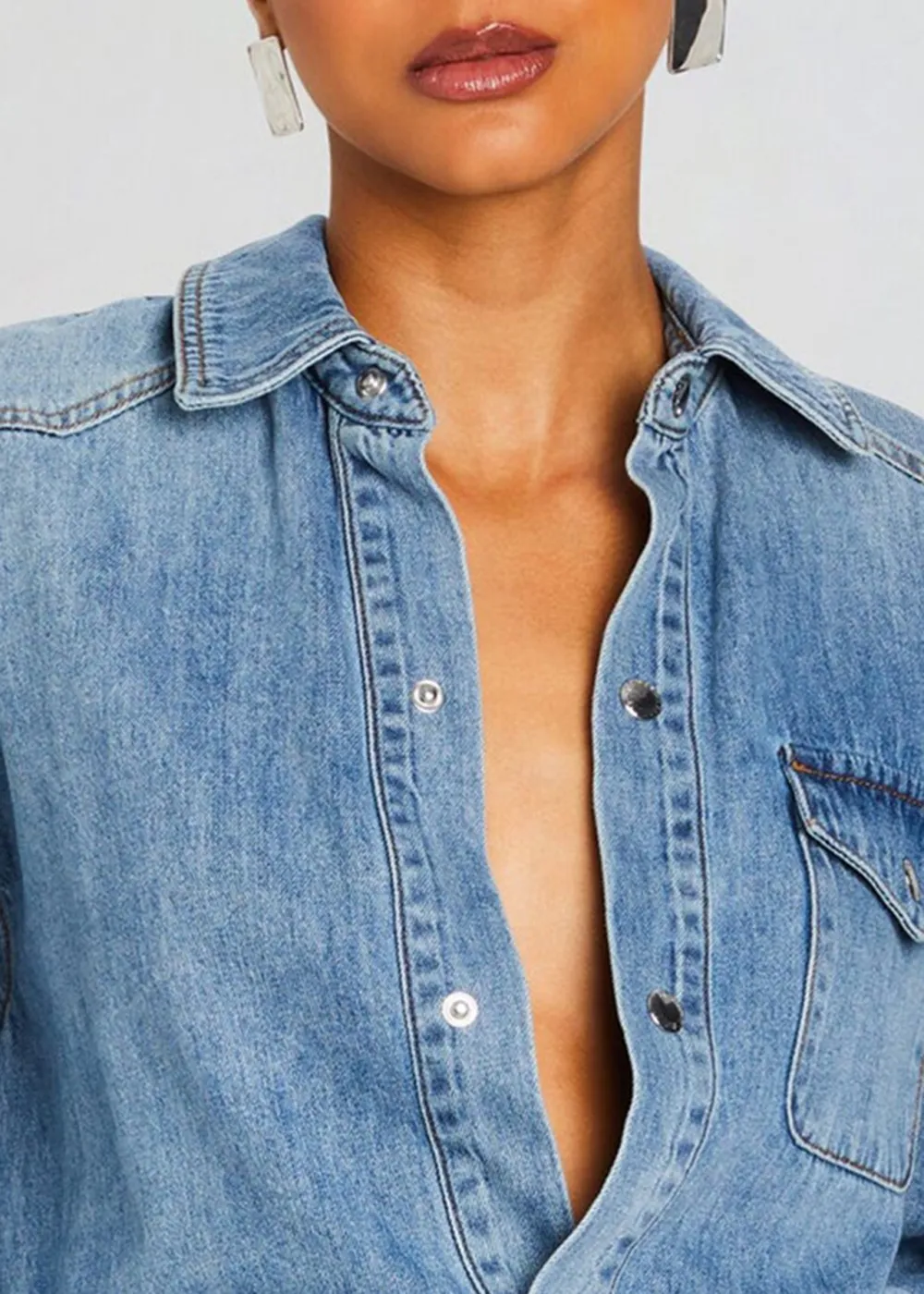 Long Sleeve V Neck Denim Romper