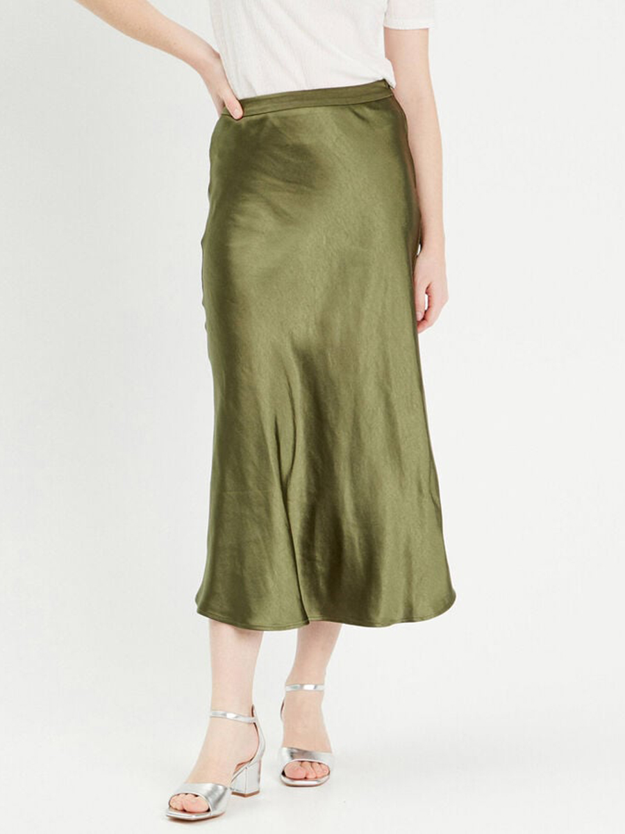 Jupe midi droite satin vert kaki femme