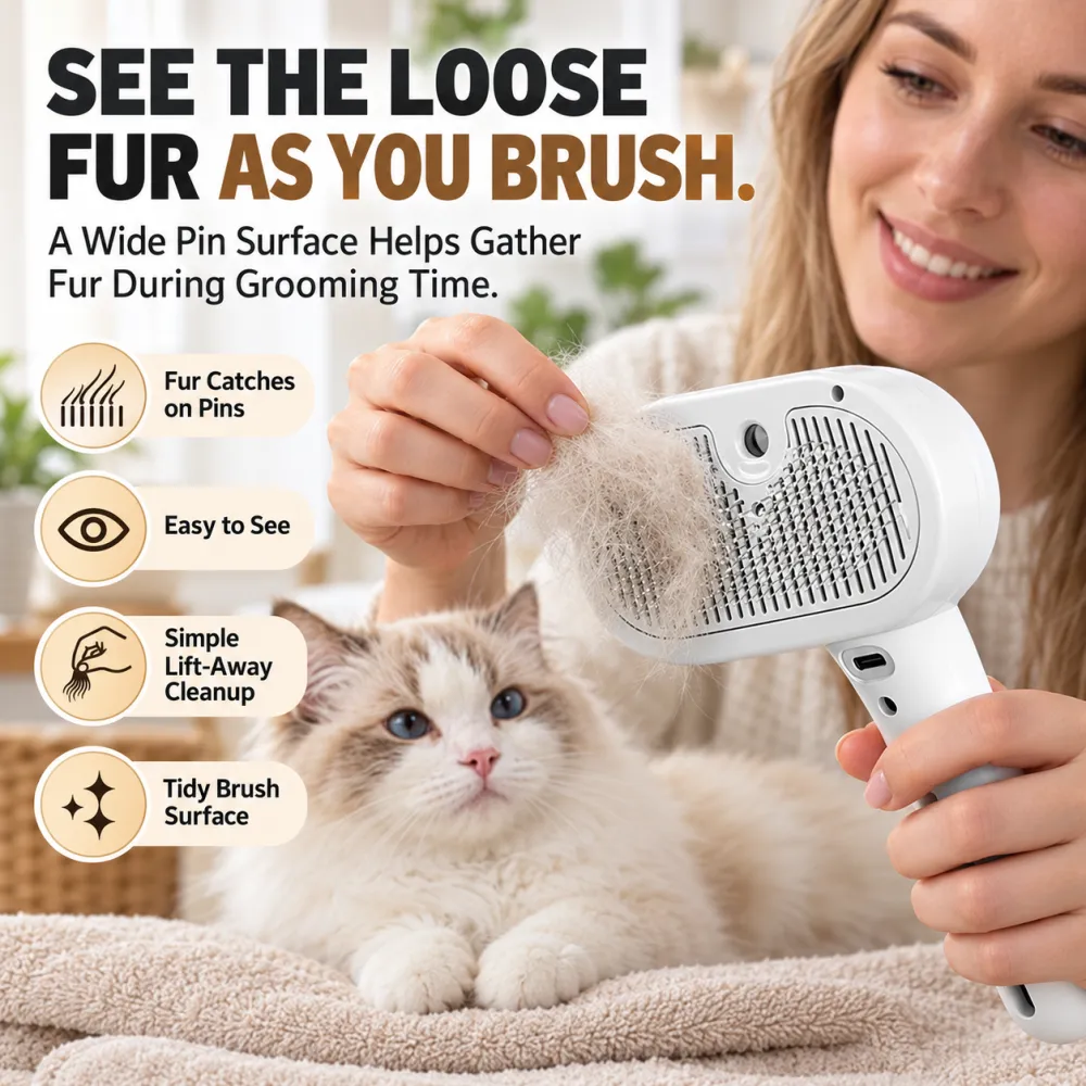 3-in-1 Plastic Steam Pet Grooming Brush – One-Touch Self-Cleaning Mist Comb for Heavy Shedding Long-Haired Dogs/Cats, 7.4*4.4*2.4 Inch Electric Massage Brush, Quick Hair Removal Knot & Undercoat Remover, Grooming Accessories