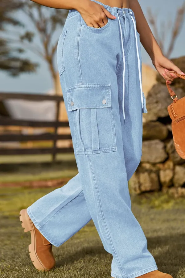 Loose Fit Drawstring Jeans With Pocket