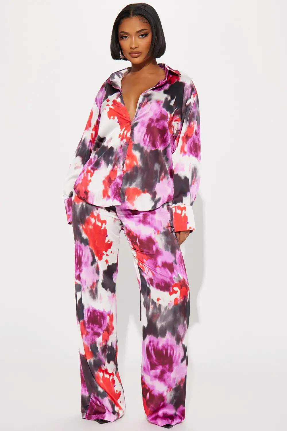 Zoe Satin Pant Set - Burgundy/combo