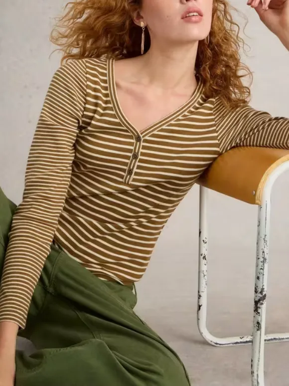 V-Neck Ribbed Striped Henley