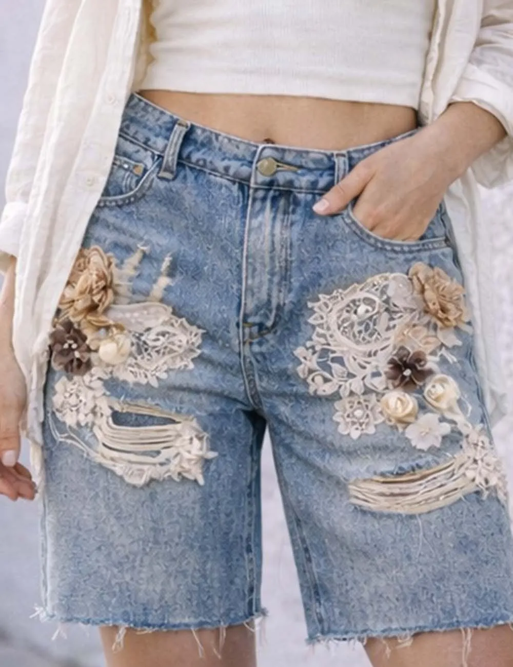 Dimensional Flower Lace Distressed Denim Shorts