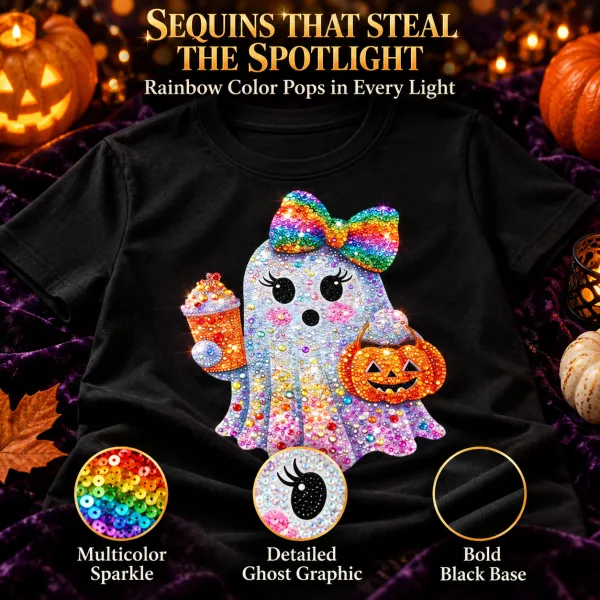 Women's Black Sequin Ghost Graphic Halloween T-Shirt