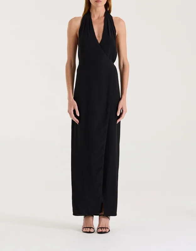 Black Halter Wrap Maxi Dress