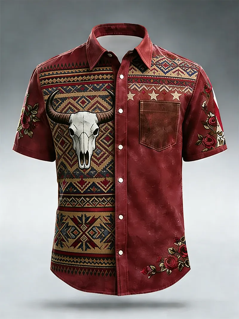 Men's Bull Skull & Rose Embroidered Short Sleeve Shirt