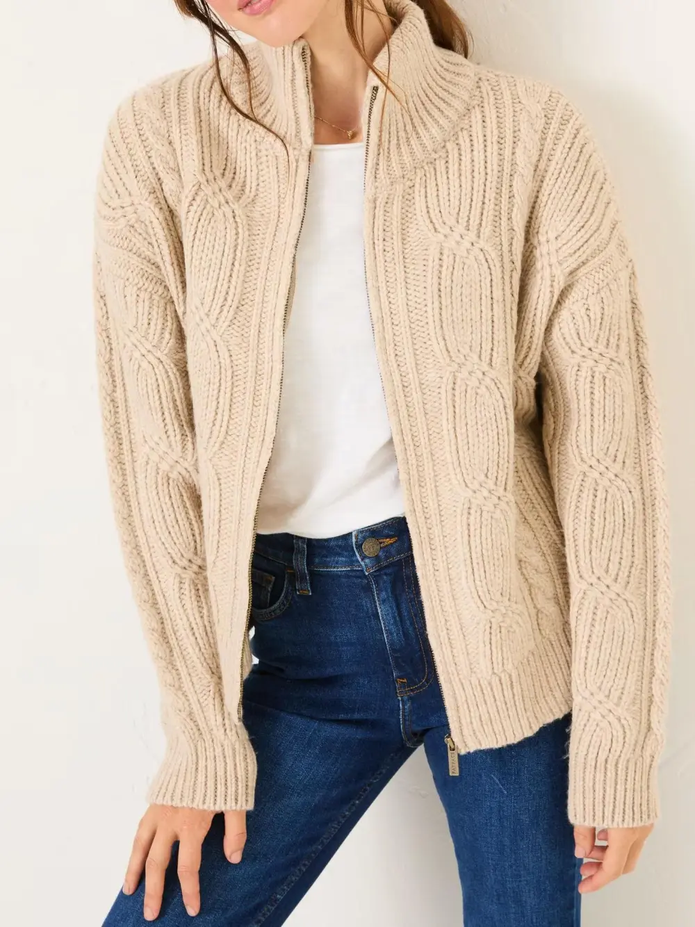 Erin Natural Cable Knitted Zip Through Cardigan