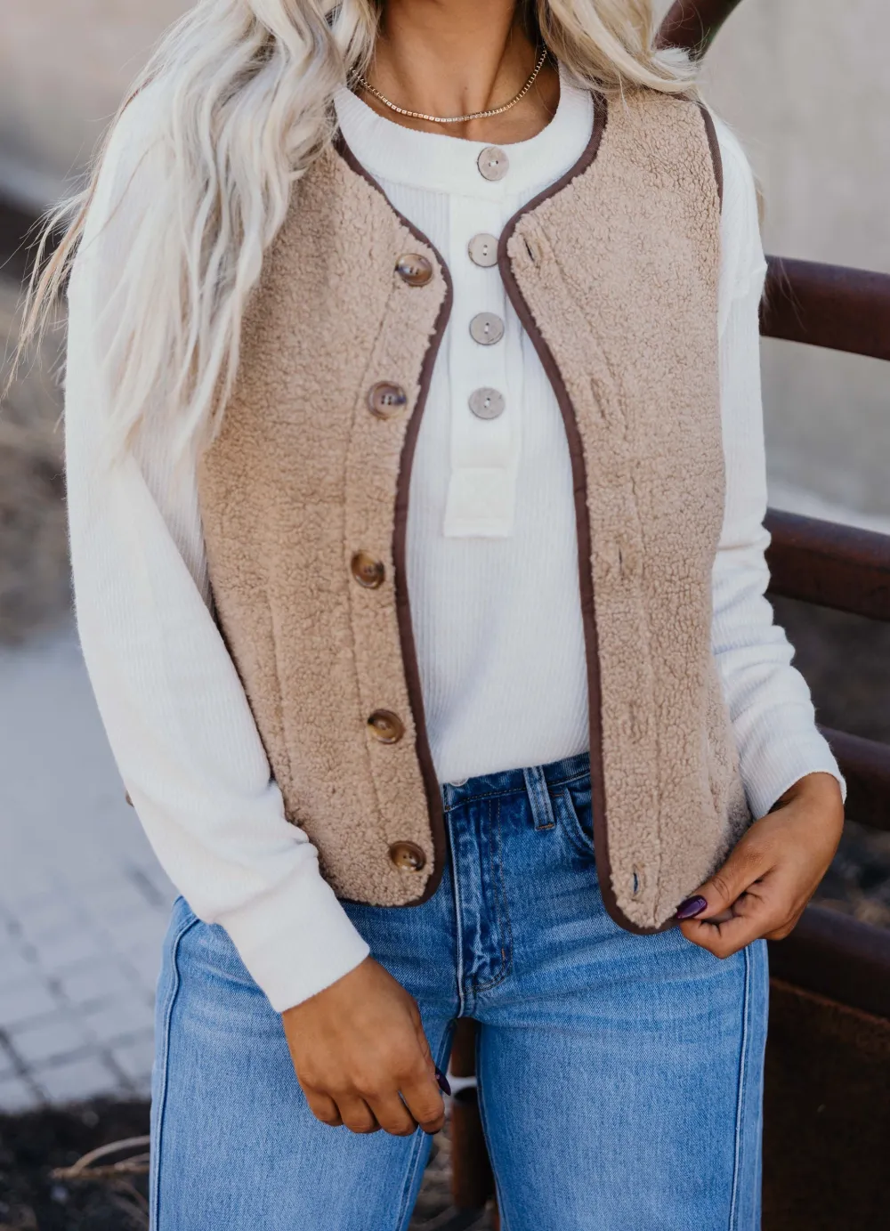 Trimmed Fleece Button Vest